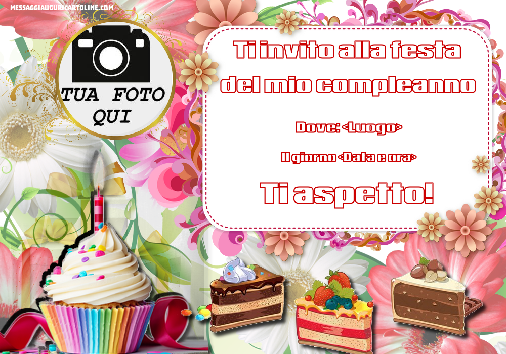 Invito con foto, torta e fiori | Crea inviti personalizzati di compleanno