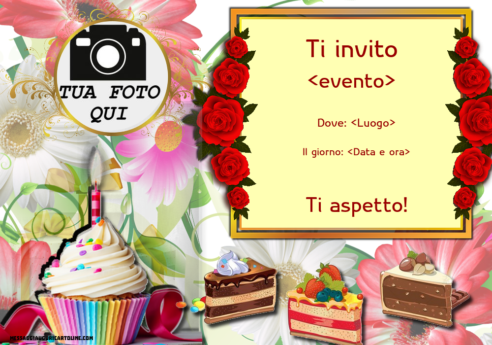 Invito con la tua immagine, torta e fiori | Crea inviti personalizzati di compleanno