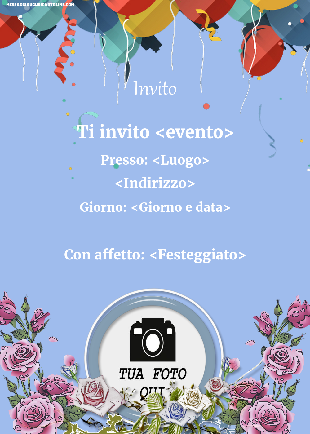 Invito con la tua immagine, rose e palloncini | Crea inviti personalizzati di compleanno