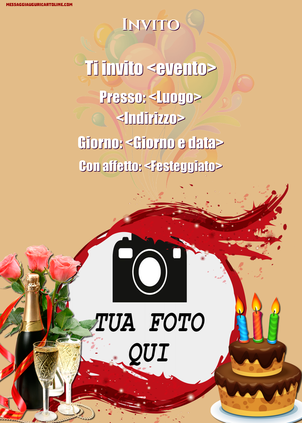 Invito con la tua foto, champagne e torta | Crea inviti personalizzati di compleanno