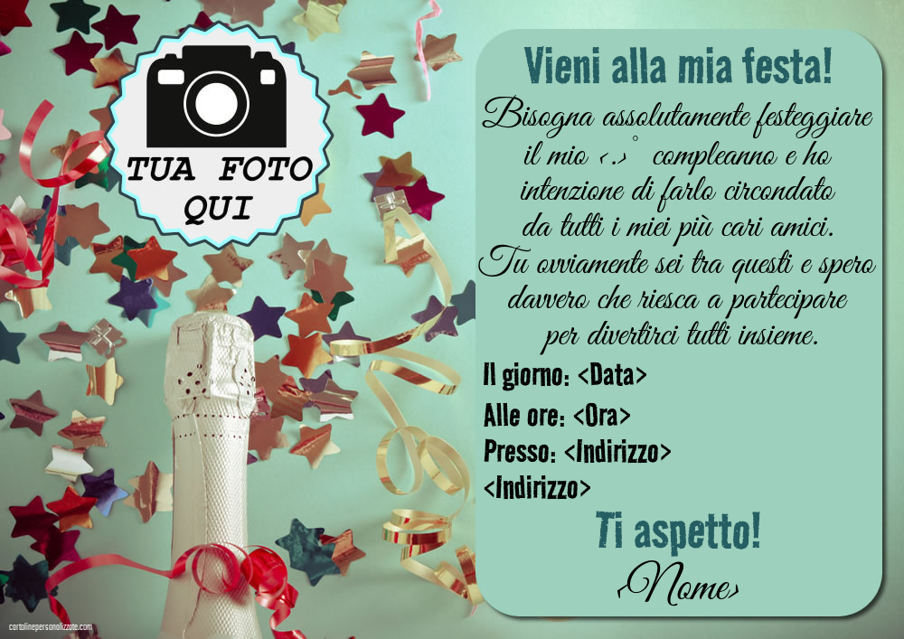 Modello di invito con champagne e coriandoli e con foto del celebrante per uomini | Crea inviti personalizzati di compleanno