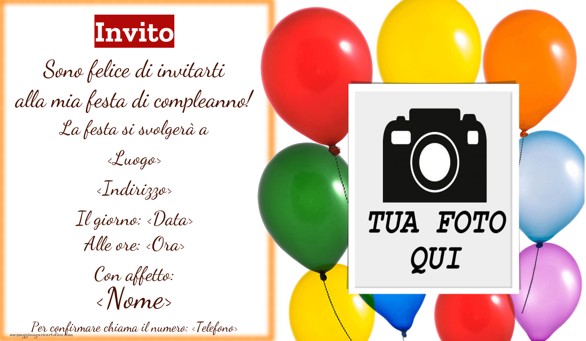 Invito personalizzato con foto in palloncini colorati | Crea inviti personalizzati di compleanno