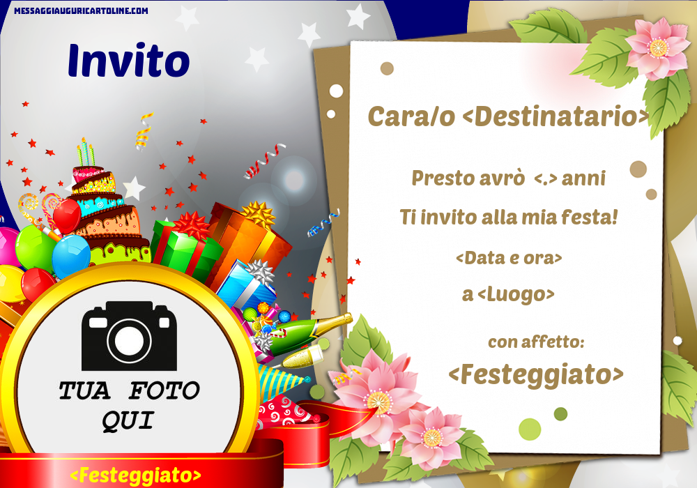 Invito personalizzato con la tua immagine in una cornice rotonda con sfondo di palloncini | Crea inviti personalizzati di compleanno