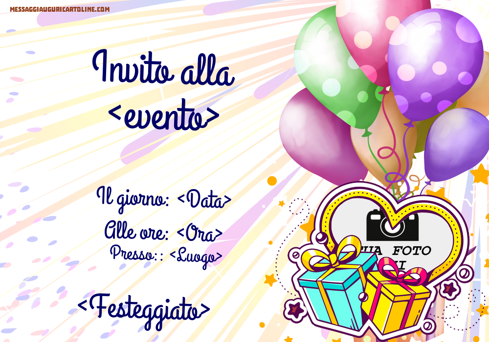 Invito con regali e palloncini con una foto a forma di cuore | Crea inviti personalizzati di compleanno