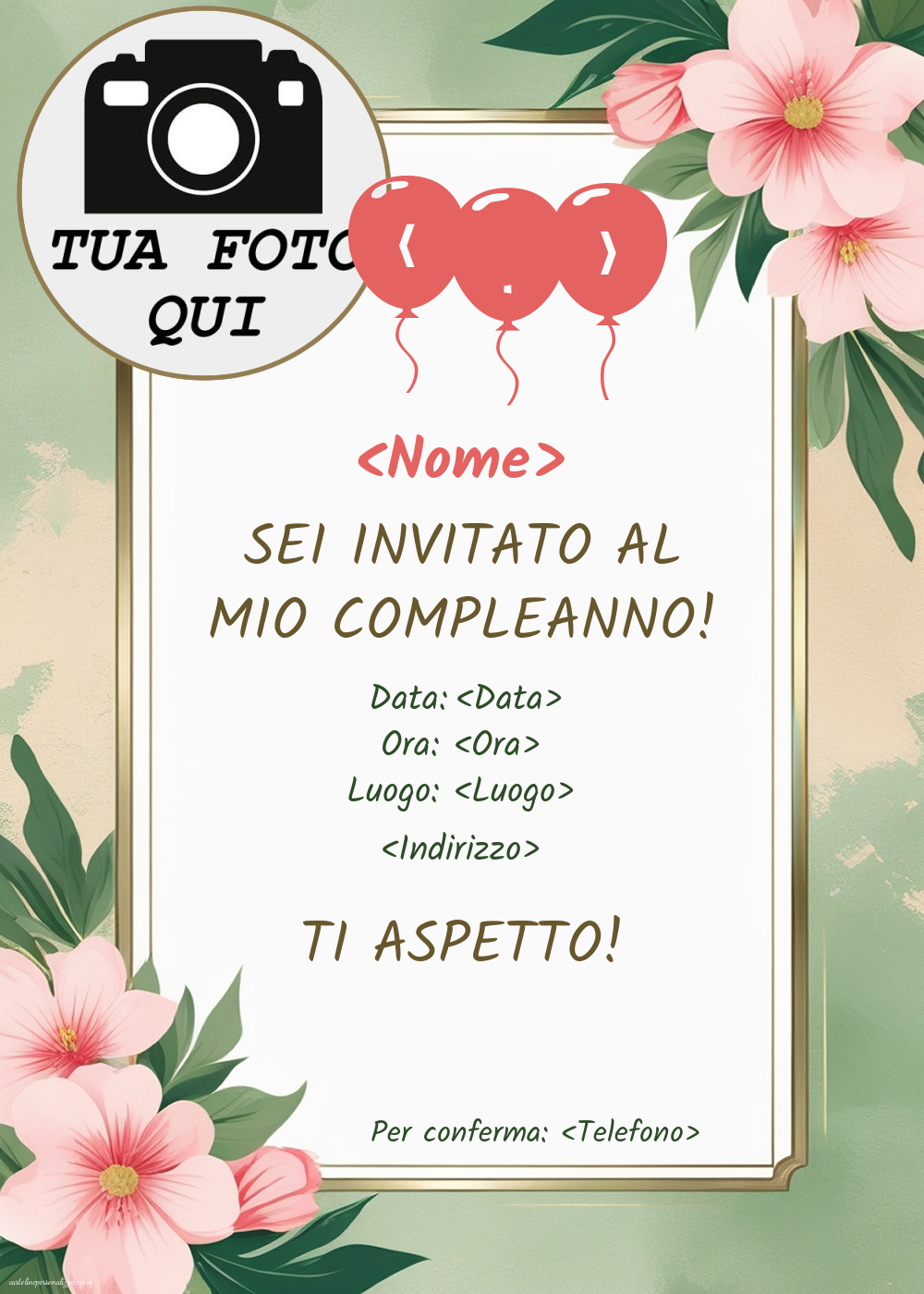 Invito compleanno con foto per donna (sfondo floreale) | Crea inviti personalizzati di compleanno