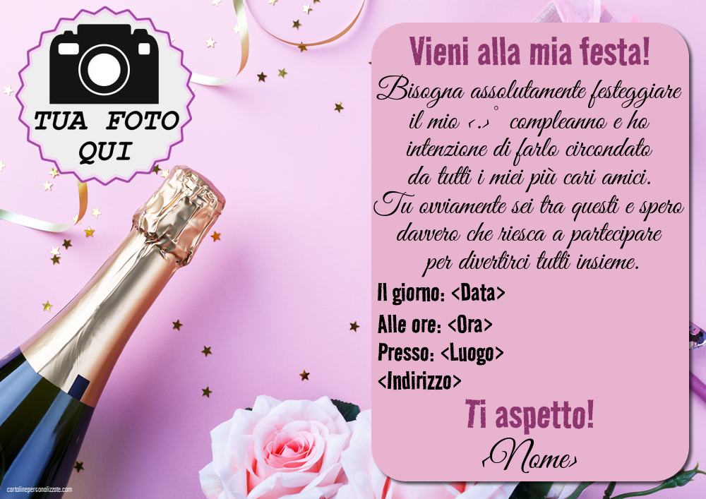 Modello di invito con champagne, fiori e coriandoli e con foto del celebrante per donne | Crea inviti personalizzati di compleanno