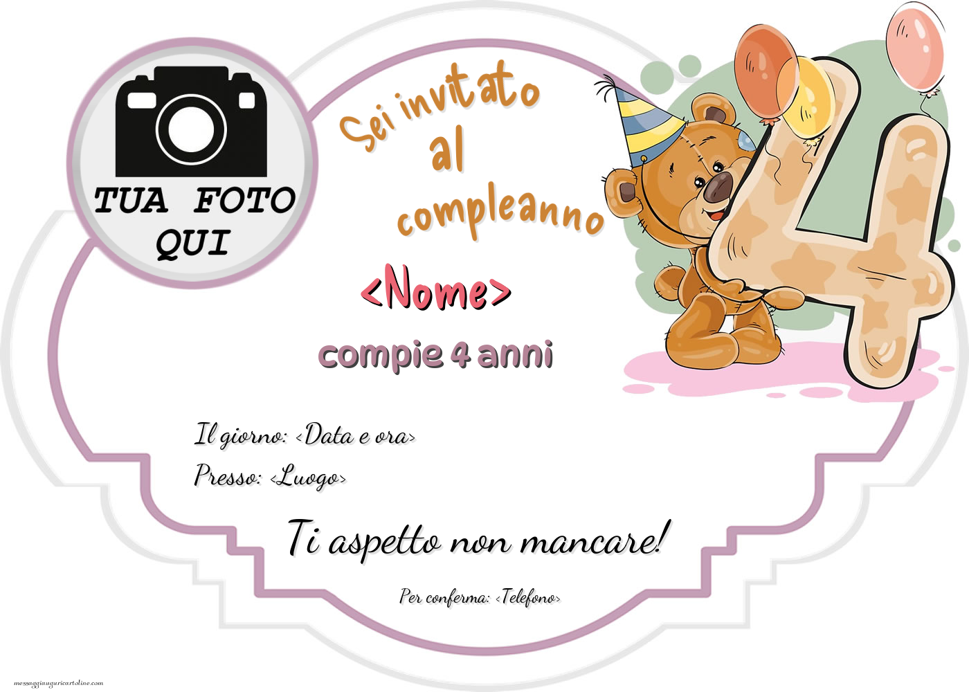 Inviti con foto per compleanno 4 anni - Teddy bear | Crea inviti