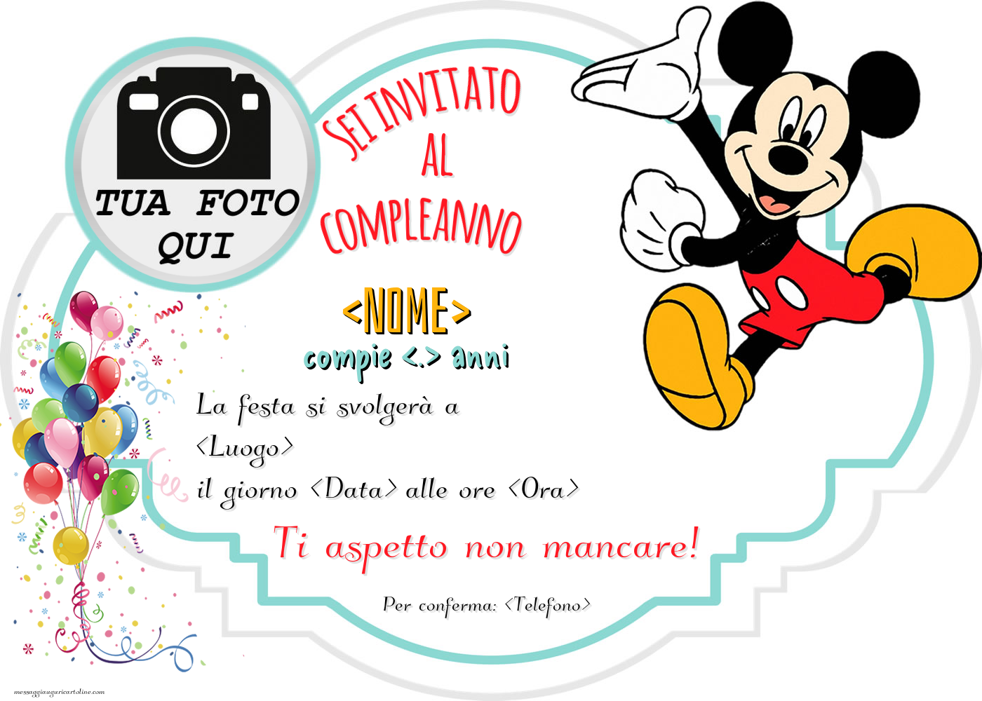 Biglietto invito con foto del festeggiato e Mickey Mouse | Crea inviti personalizzati di compleanno per bambini