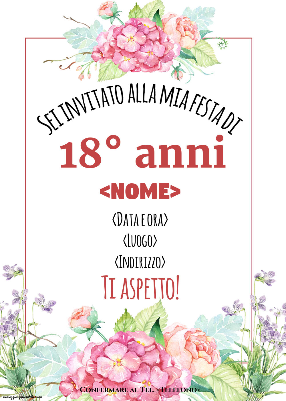 Invito di compleanno 18 anni modello con fiori per le ragazze, Crea inviti  personalizzati 18 anni