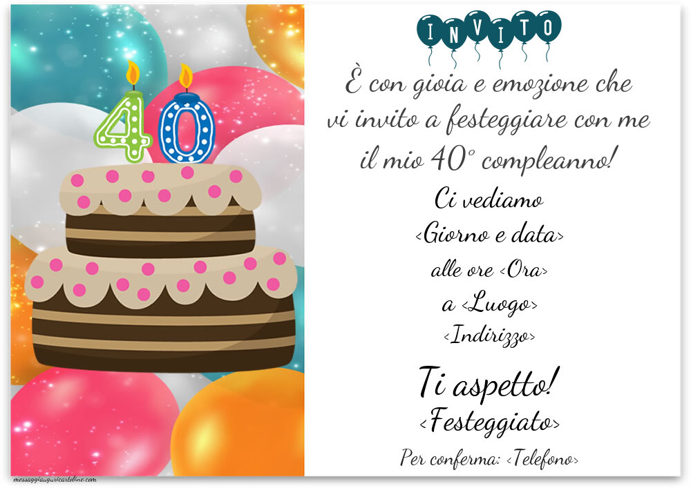 40 anni: Invito semplice con palloncini e torta | Crea inviti personalizzati di compleanno