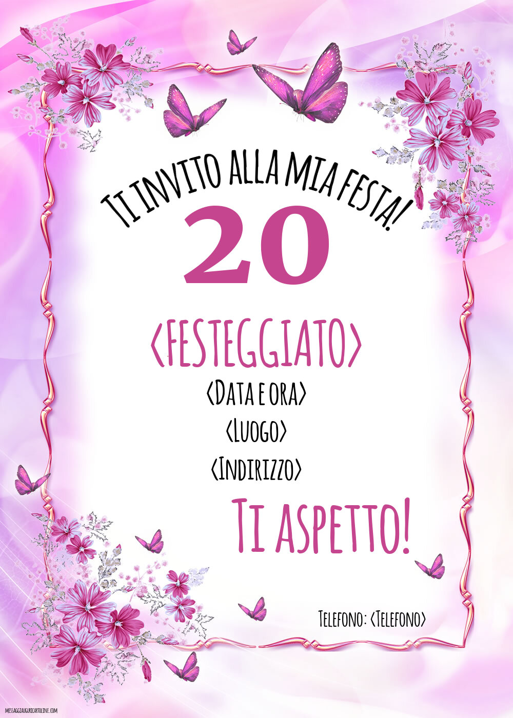 20 anni: Invito splendido con farfalle per una donna | Crea inviti personalizzati di compleanno