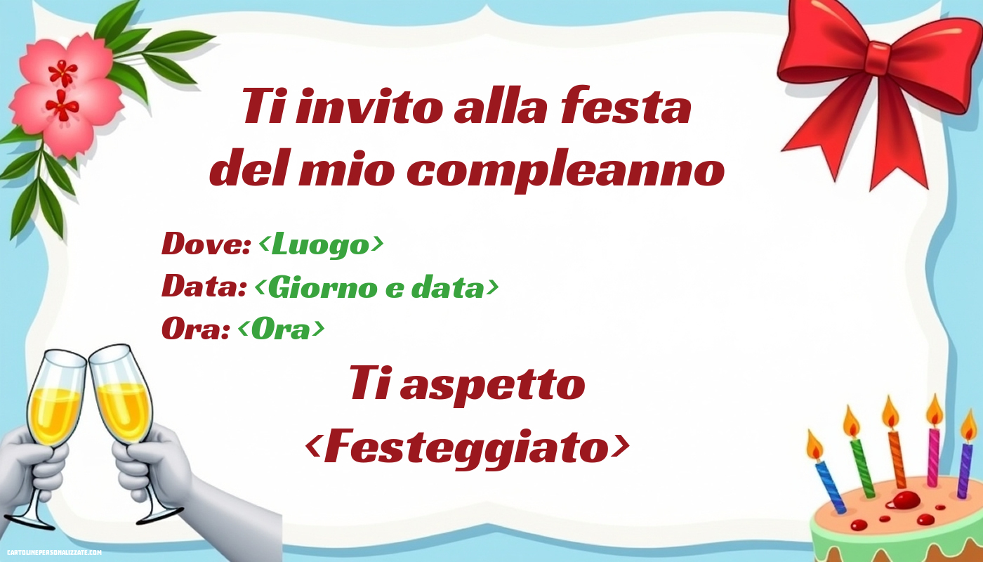 Invito orizzontale con torta, fiori e champagne | Crea inviti personalizzati di compleanno