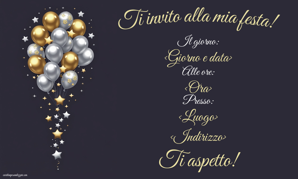 Invito alla festa con palloncini argento e oro | Crea inviti personalizzati di compleanno