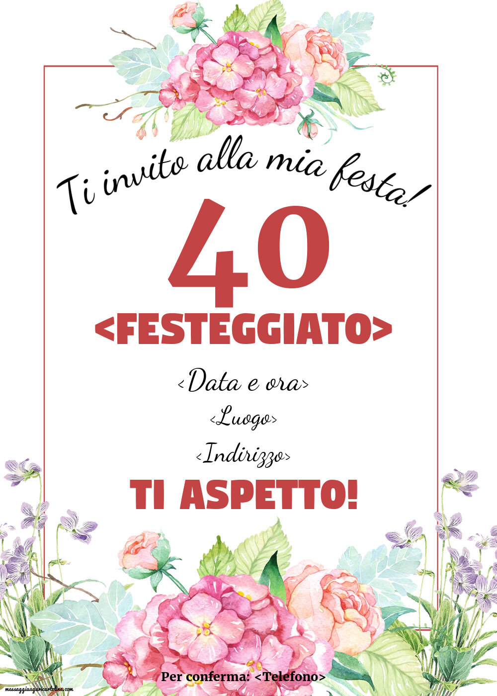 Invito con fiori per una donna di 40 anni | Crea inviti personalizzati di compleanno