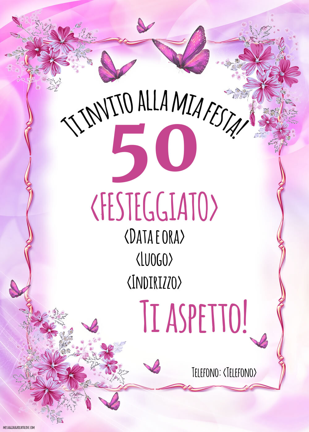 50 anni: Invito splendido con farfalle per una donna | Crea inviti personalizzati di compleanno