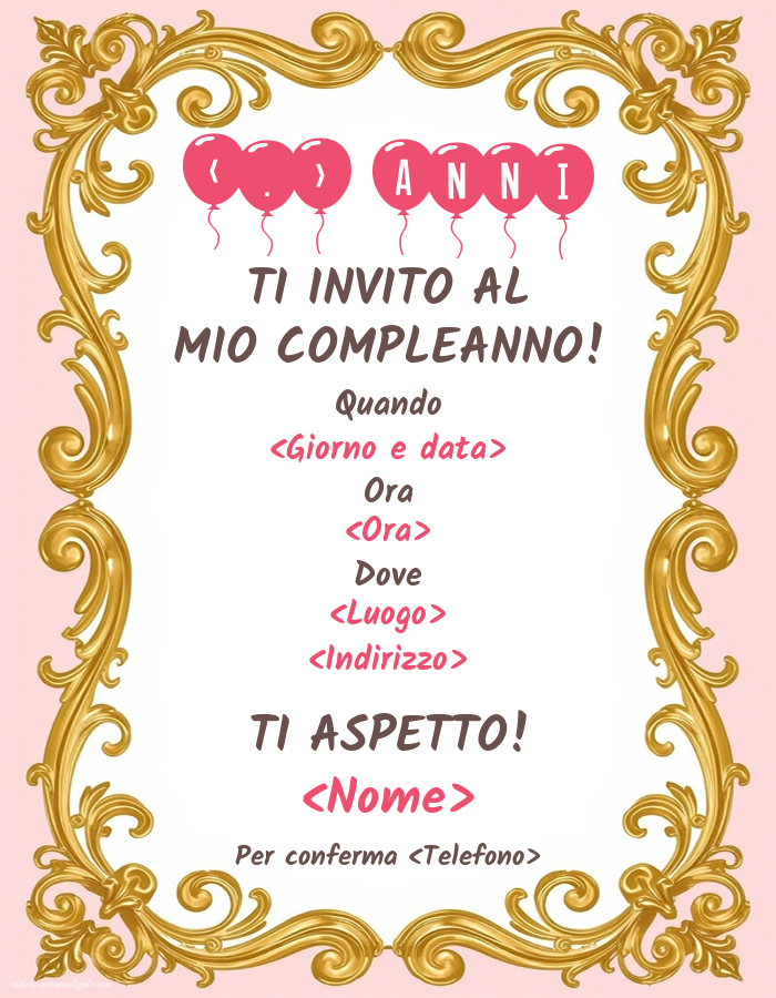 Invito con cornice dorata su sfondo rosa per una donna | Crea inviti personalizzati di compleanno