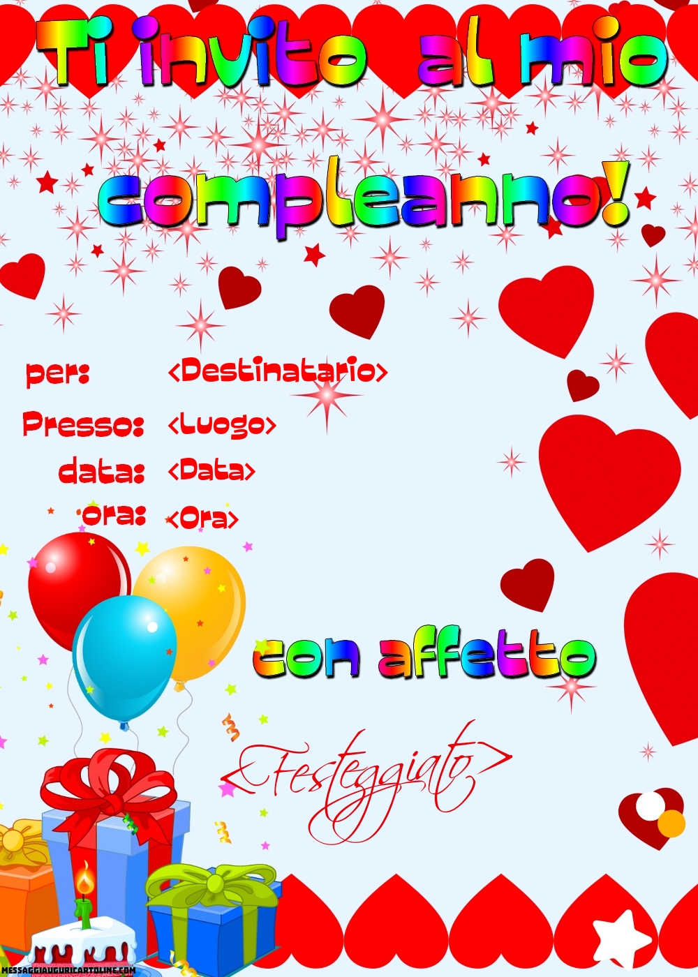 Sei invitato alla mia festa! - con i cuori | Crea inviti personalizzati di compleanno
