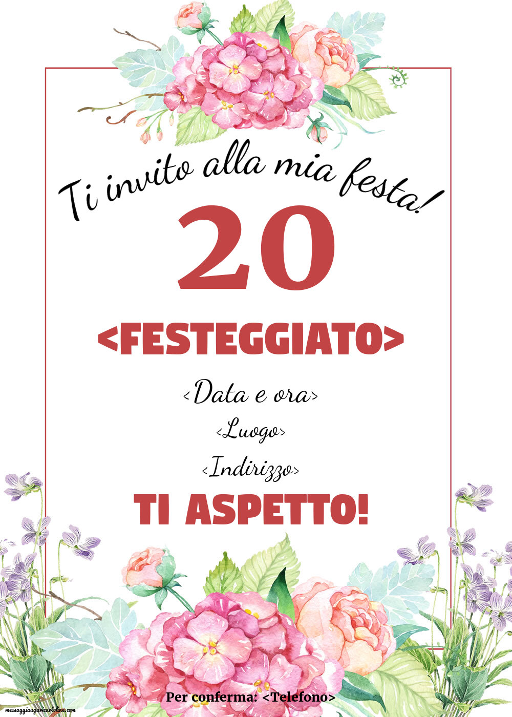 Invito con fiori per una donna di 20 anni | Crea inviti personalizzati di compleanno