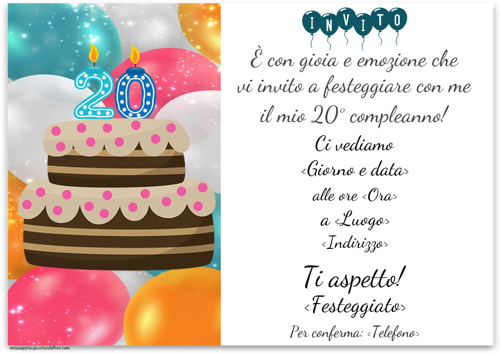 20 anni: Invito semplice con palloncini e torta | Crea inviti personalizzati di compleanno