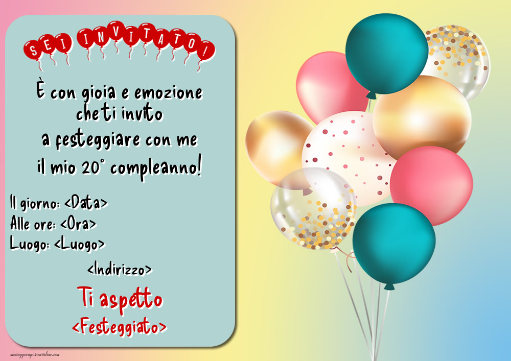 20 anni - Invito con palloncini - Sei invitato! | Crea inviti personalizzati di compleanno