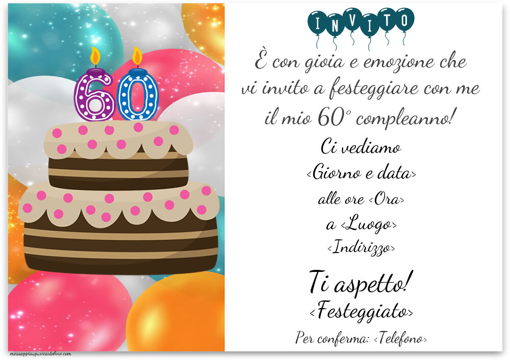 60 anni: Invito semplice con palloncini e torta | Crea inviti personalizzati di compleanno