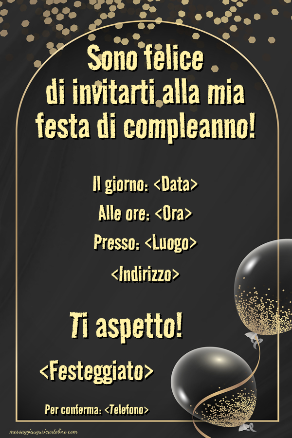 Invito alla mia festa con scritte dorate su sfondo nero | Crea inviti personalizzati di compleanno