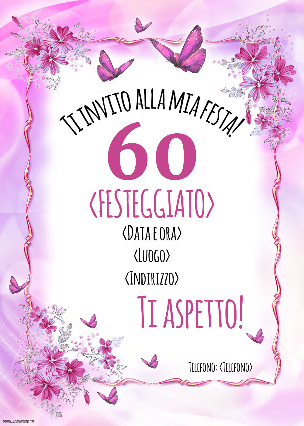 60 anni: Invito splendido con farfalle per una donna | Crea inviti personalizzati di compleanno