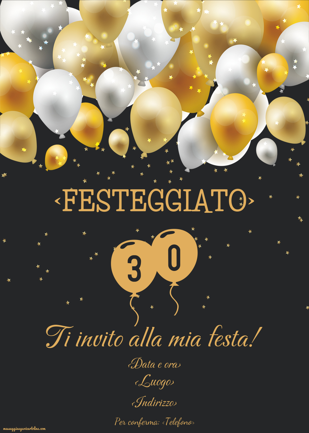 Invito modificabile online per 30 anni modello Gold Party | Crea inviti personalizzati di compleanno