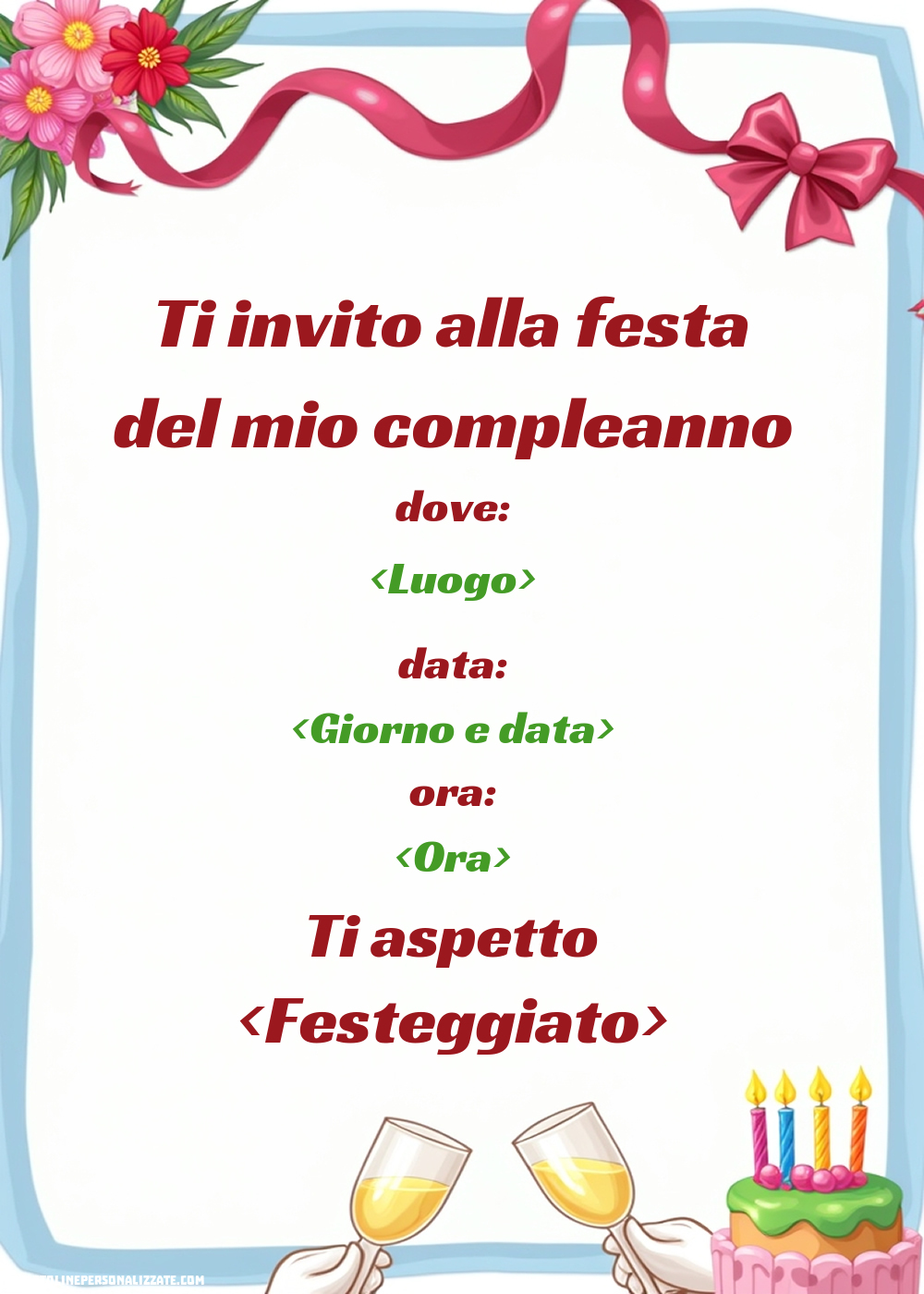 Invito verticale con torta, fiori e champagne | Crea inviti personalizzati di compleanno