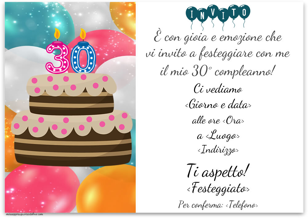 30 anni: Invito semplice con palloncini e torta | Crea inviti personalizzati di compleanno