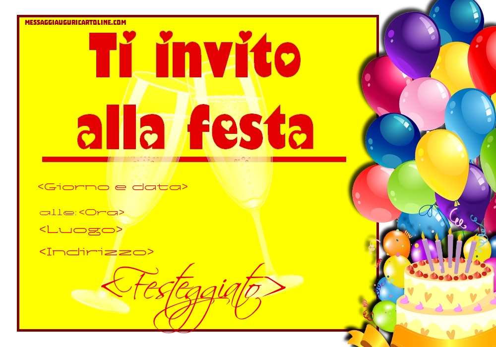 Ti invito al mio compleanno! - modello con palloncini torta, torta e bicchieri di champagne | Crea inviti personalizzati di compleanno