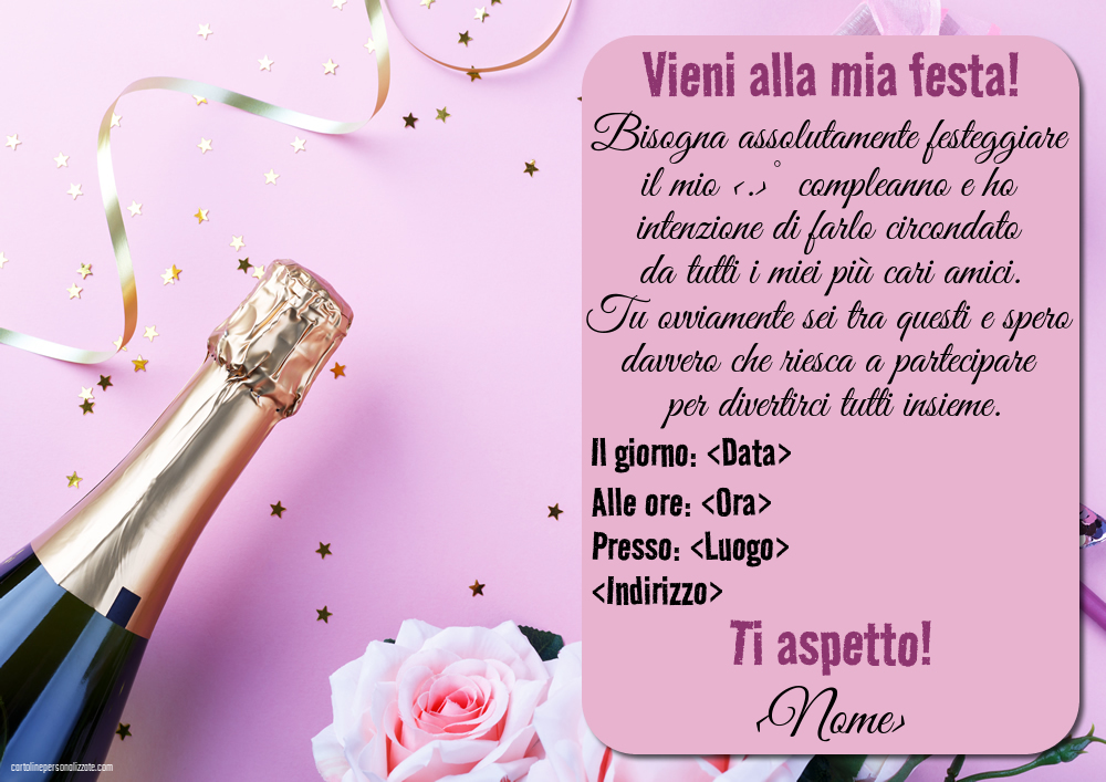 Modello di invito con champagne, fiori e coriandoli per donne | Crea inviti personalizzati di compleanno