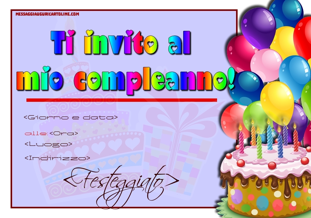 Ti invito al mio compleanno! - modello con palloncini torta, torta e regali | Crea inviti personalizzati di compleanno