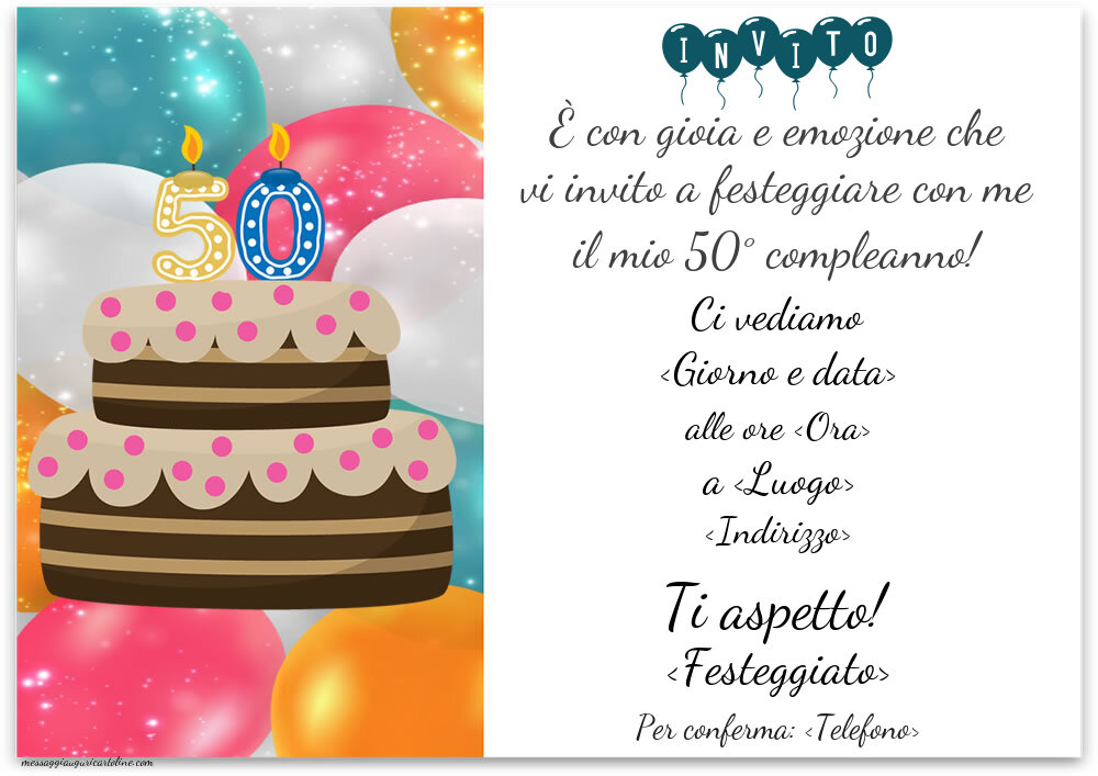 50 anni: Invito semplice con palloncini e torta | Crea inviti personalizzati di compleanno