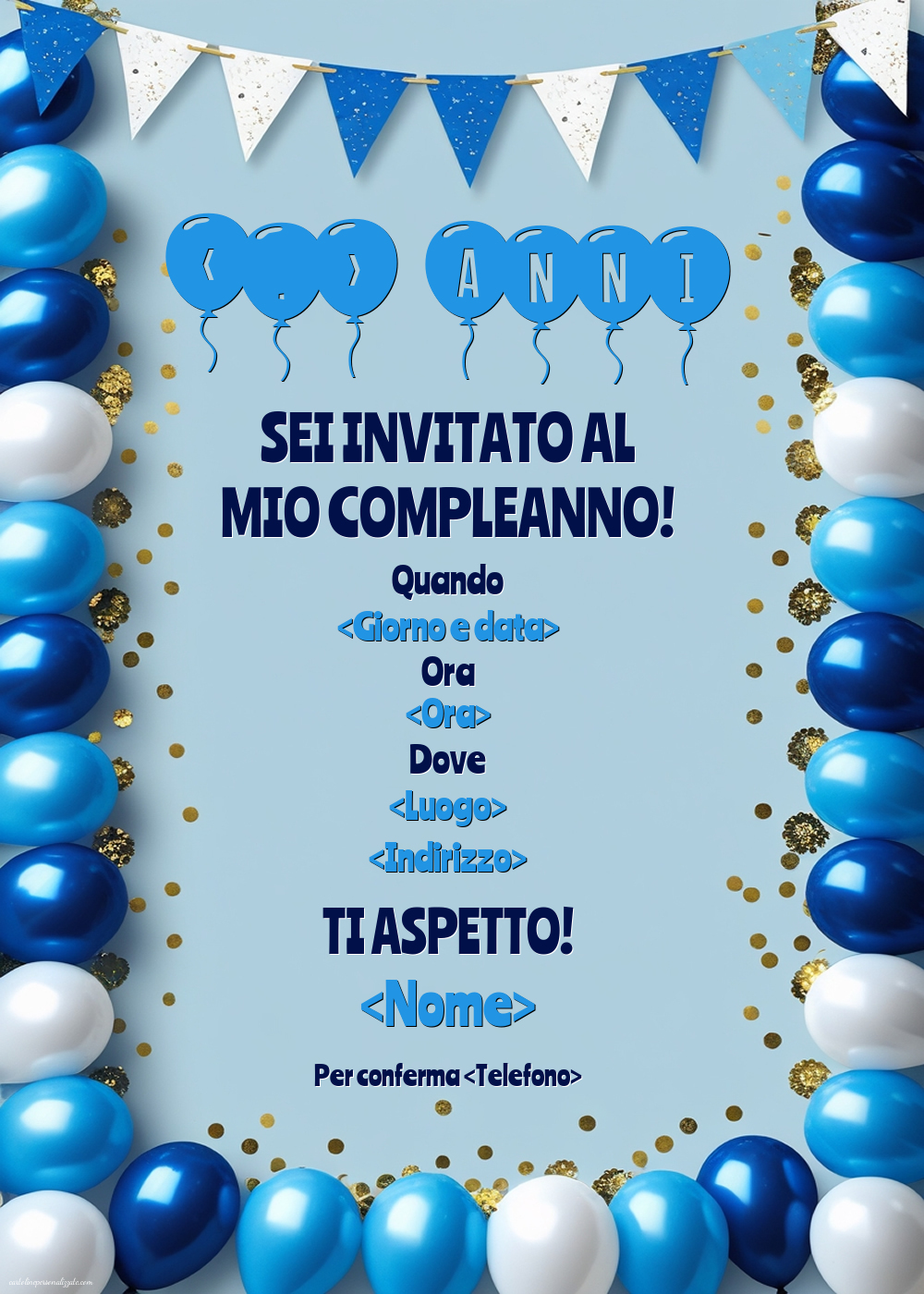 Invito uomo con palloncini blu e bianchi | Crea inviti personalizzati di compleanno