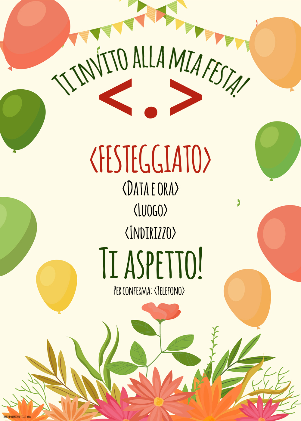 Invito splendido con fiori e palloncini colorati | Crea inviti personalizzati di compleanno