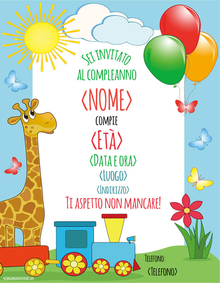 Invito con farfalle, palloncini, fiori, treno, sole e nuvole, Crea inviti  personalizzati di compleanno per bambini