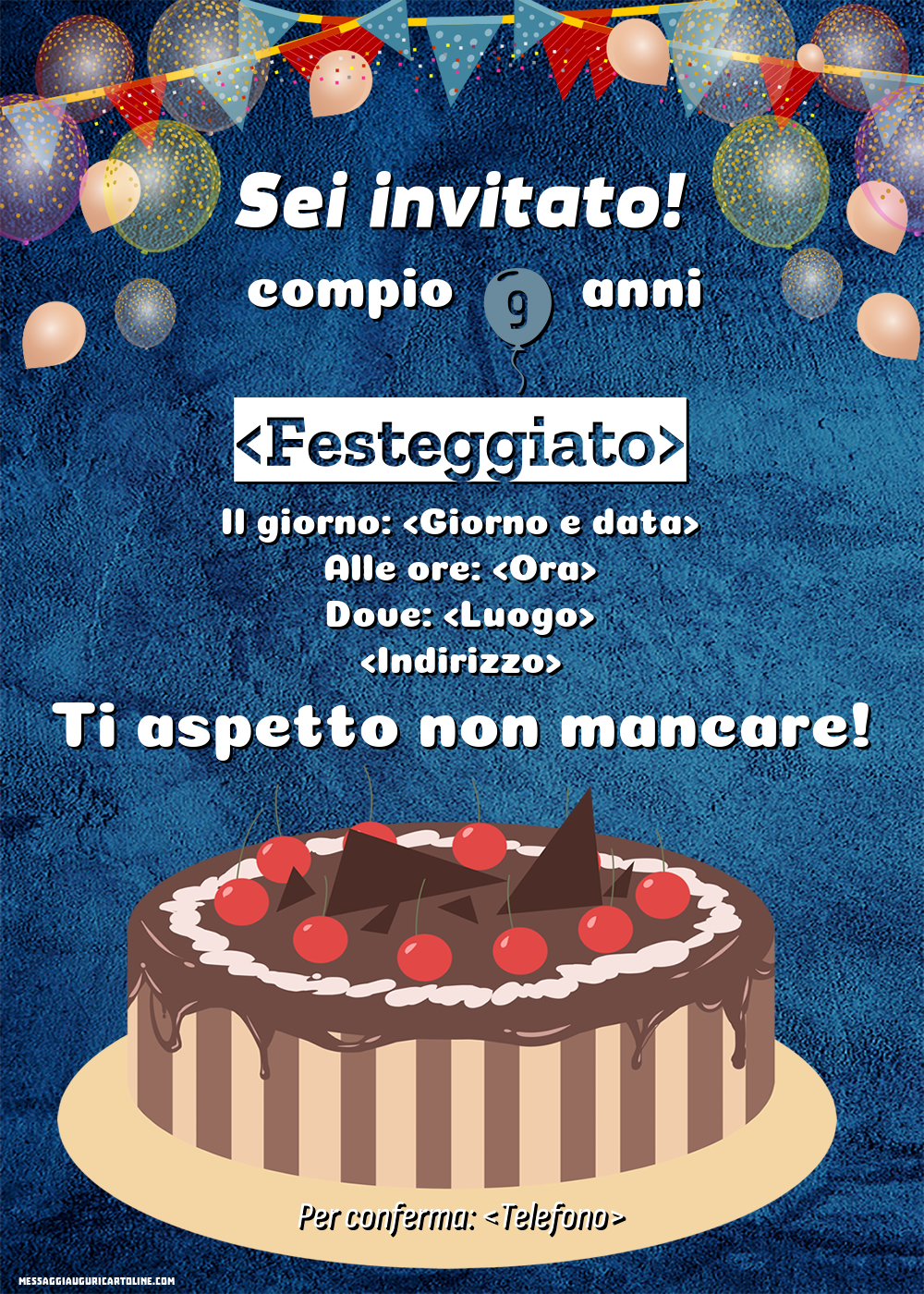 Sei invitato! Invito per 9 anni con torta e palloncini | Crea inviti personalizzati di compleanno per bambini
