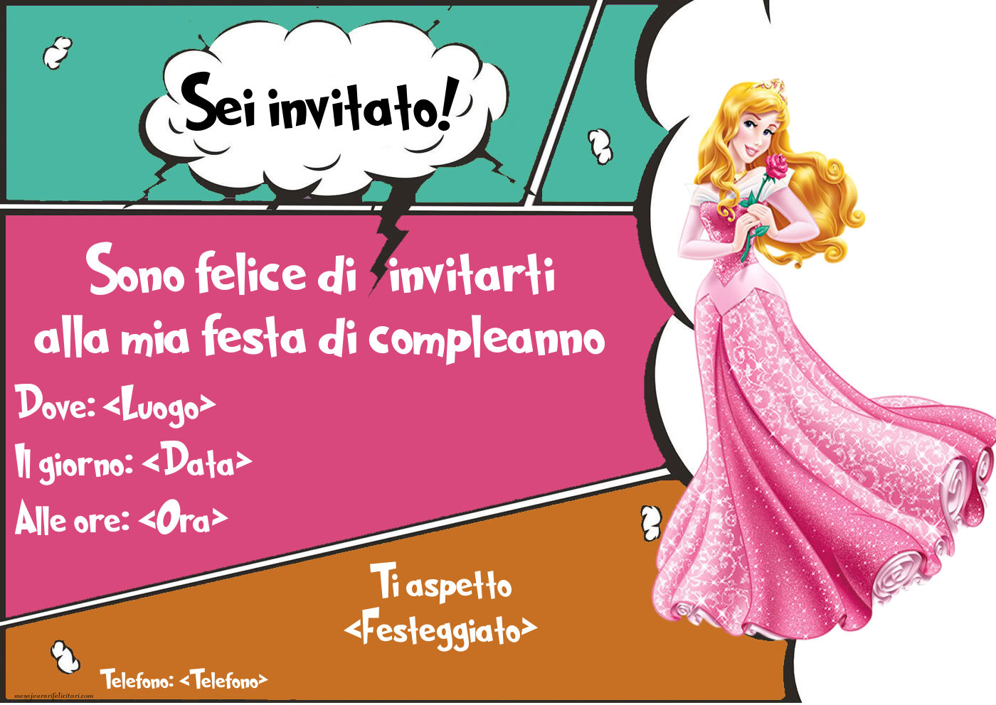 Invito alla festa con Principessa Aurora | Crea inviti personalizzati di compleanno per bambini