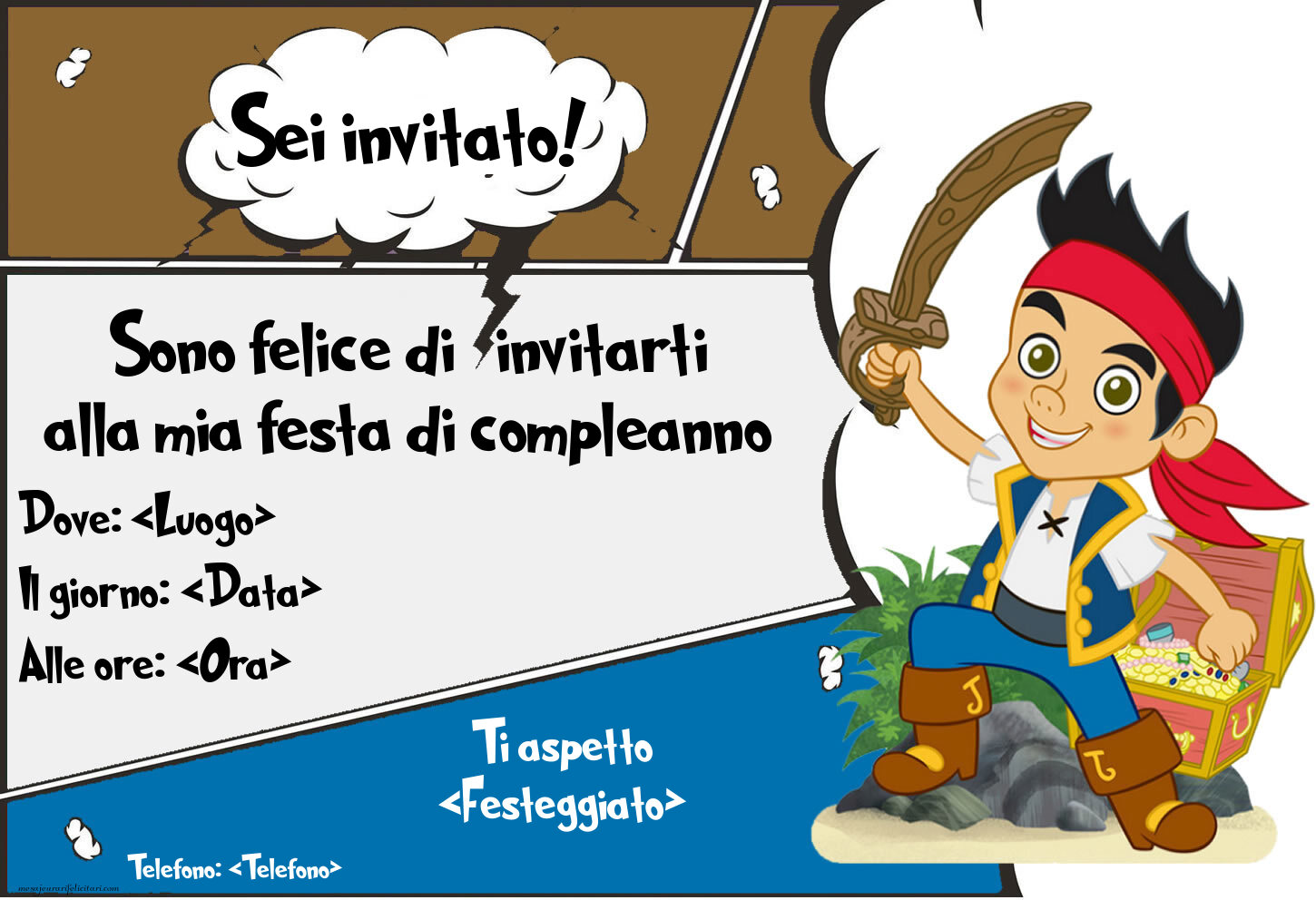 Un pirata con una cassa di denaro | Crea inviti personalizzati di compleanno per bambini