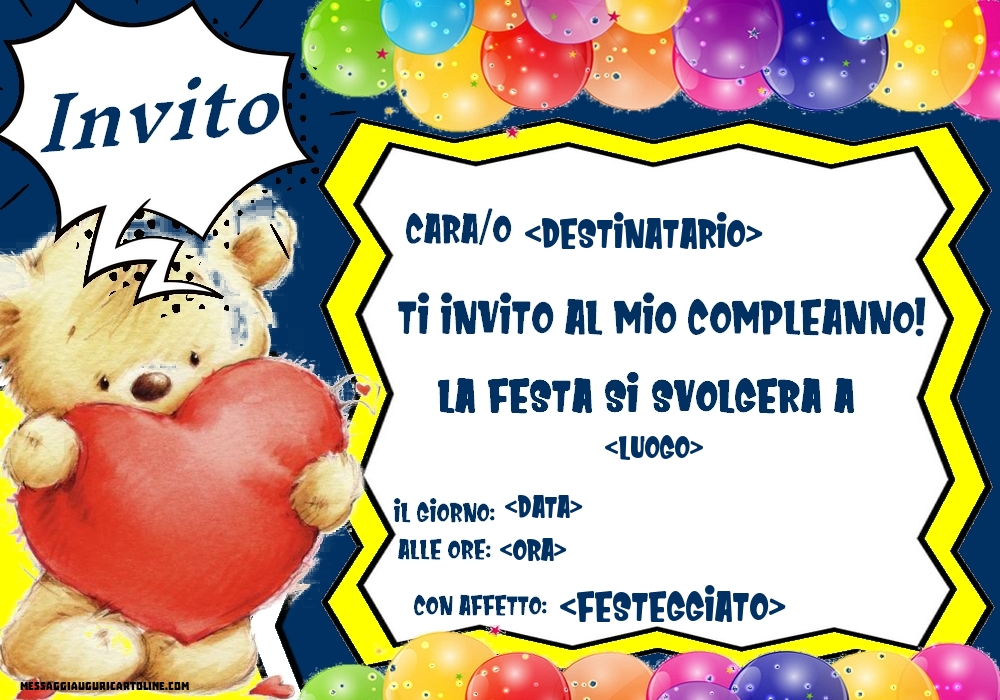Invito per bambini con orsacchiotto con cuore e palloncini | Crea inviti personalizzati di compleanno per bambini