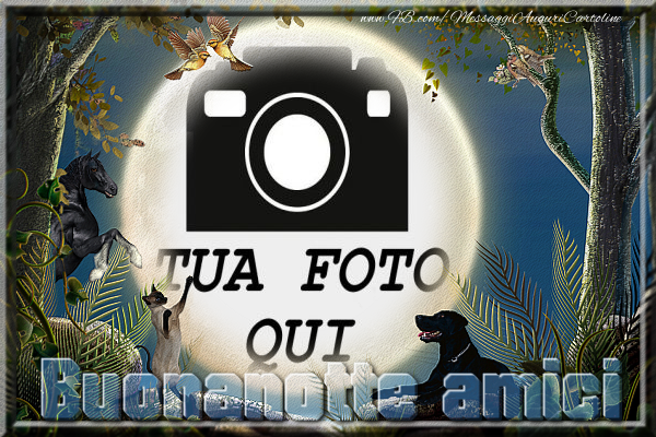 Crea cartoline personalizzate di buonanotte | Buonanotte amici - Portafoto a forma di luna con cane, gatto e cavallo