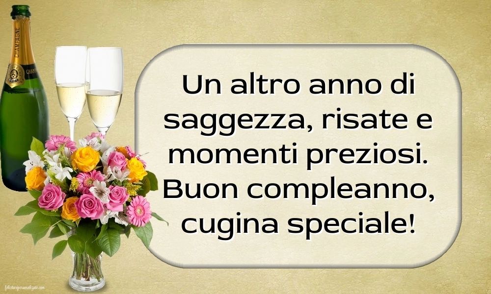 Immagini di Buon Compleanno Cugina: Champagne e fiori