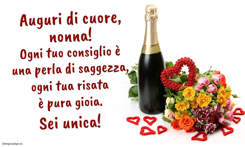 Cartoline di Buon Compleanno per Nonna: Champagne e fiori