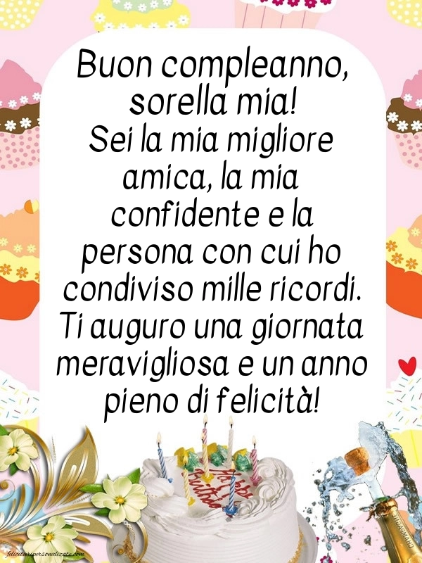 Le Più Belle Immagini di Buon Compleanno per tua Sorella: Champagne e torta