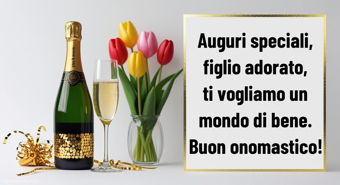 Immagini Auguri di Buon Onomastico Figlio: Champagne e tulipani