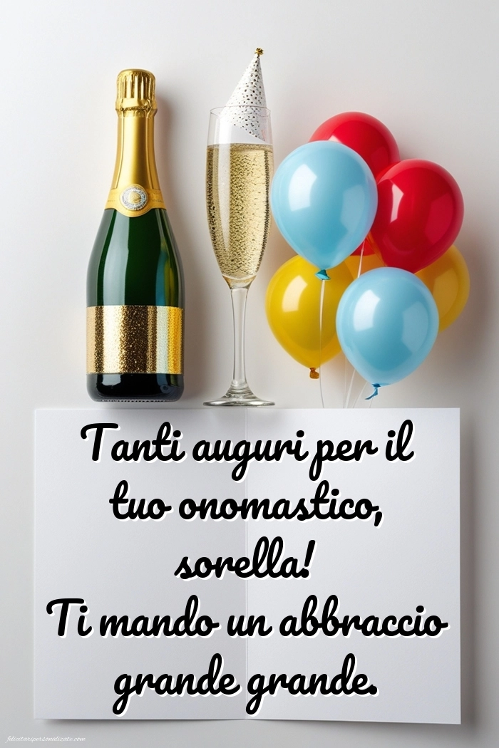 Immagini Auguri di Buon Onomastico Sorella: Champagne e palloncini