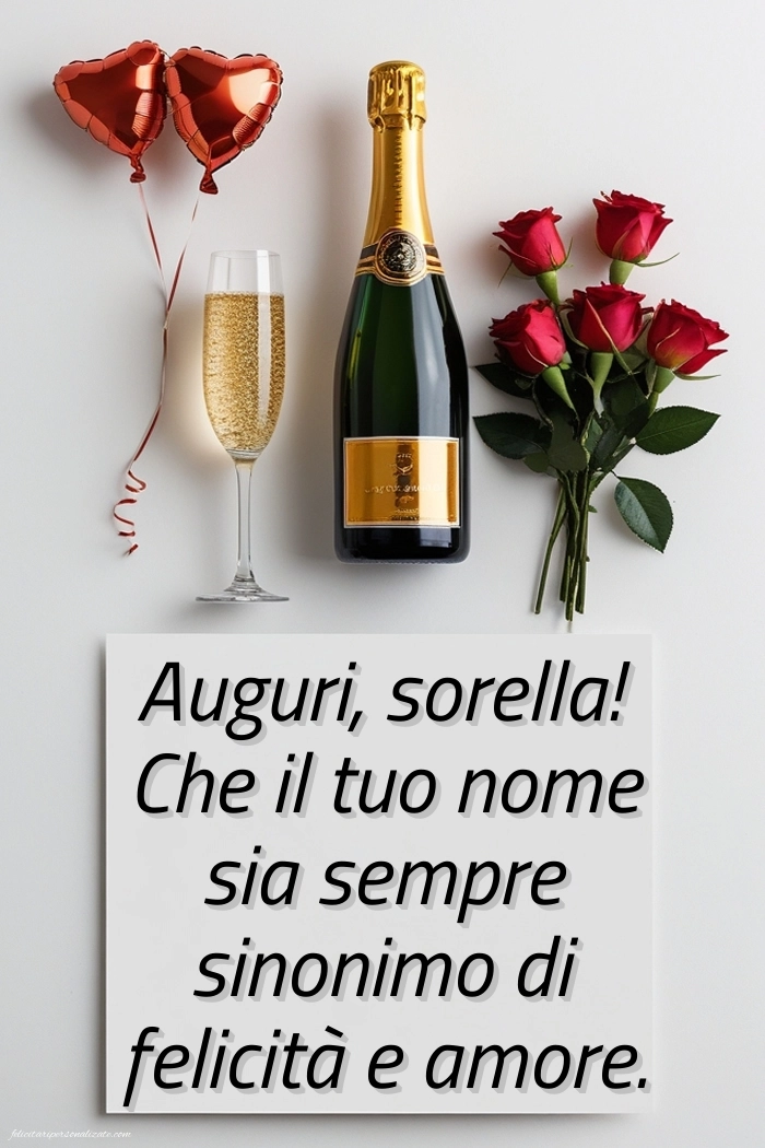 Immagini Auguri di Buon Onomastico Sorella: Champagne e fiori