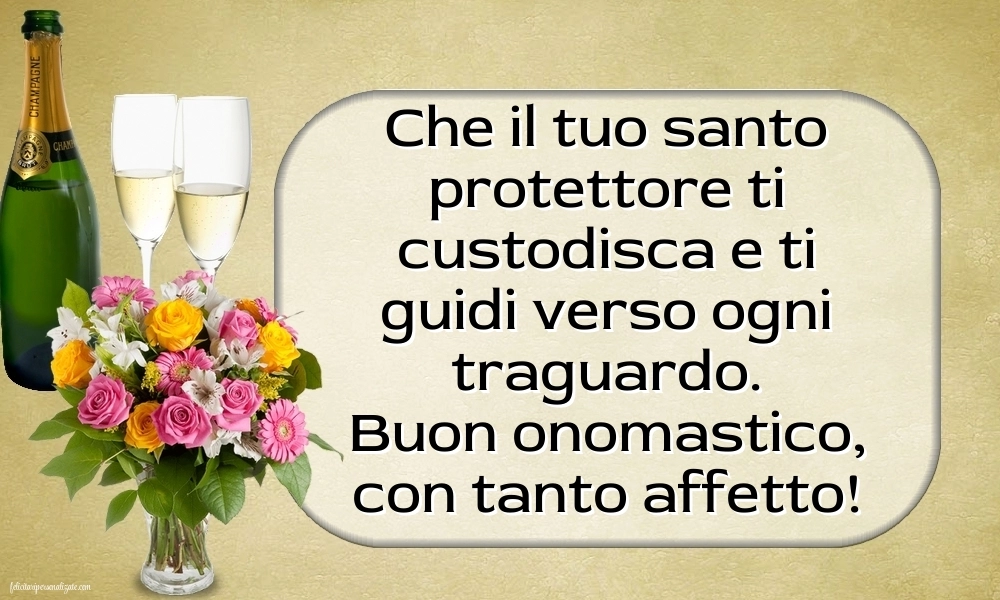 Immagini con Frasi di Buon Onomastico: Champagne e fiori