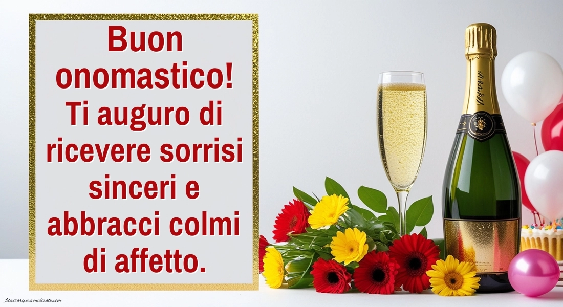 Immagini con Frasi di Buon Onomastico: Champagne e fiori